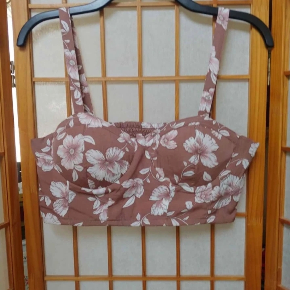 NWT BOG Collective Crop Bustier Mini Top - Size Large - Brown Floral